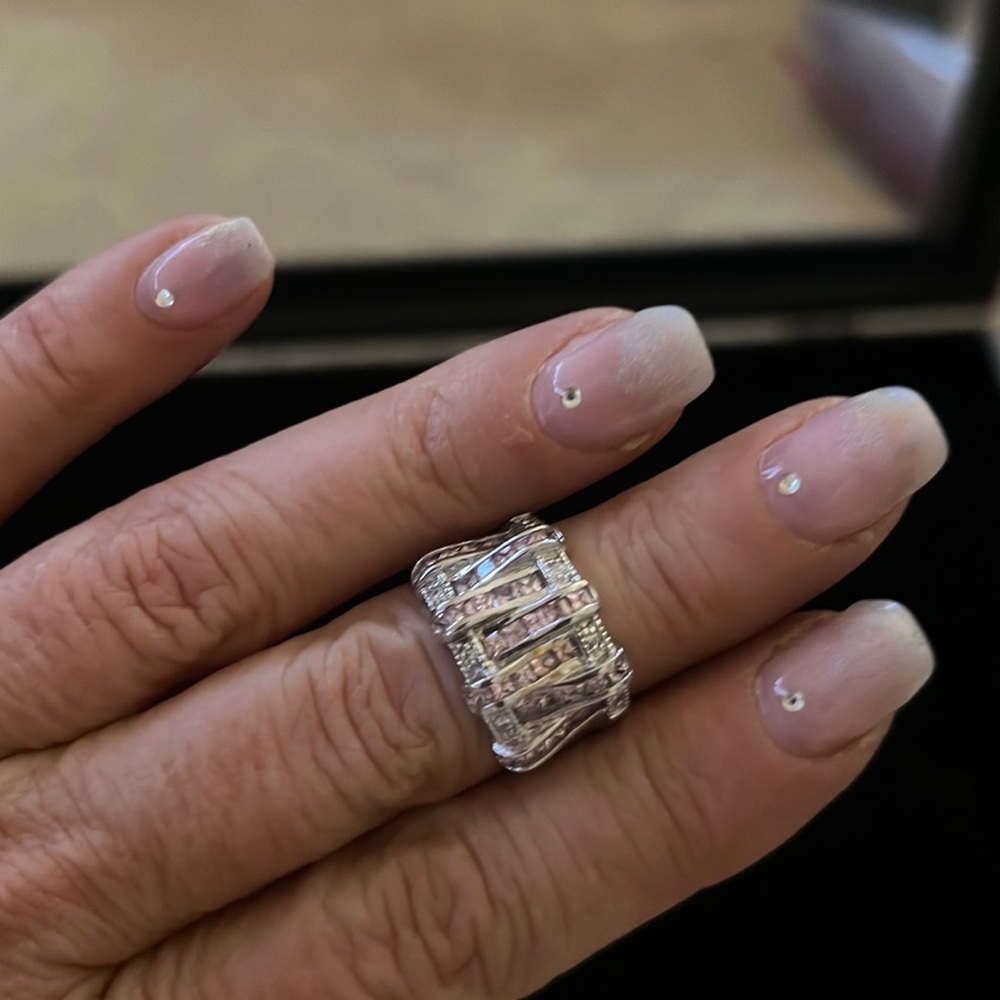 silver and pink stone ring
